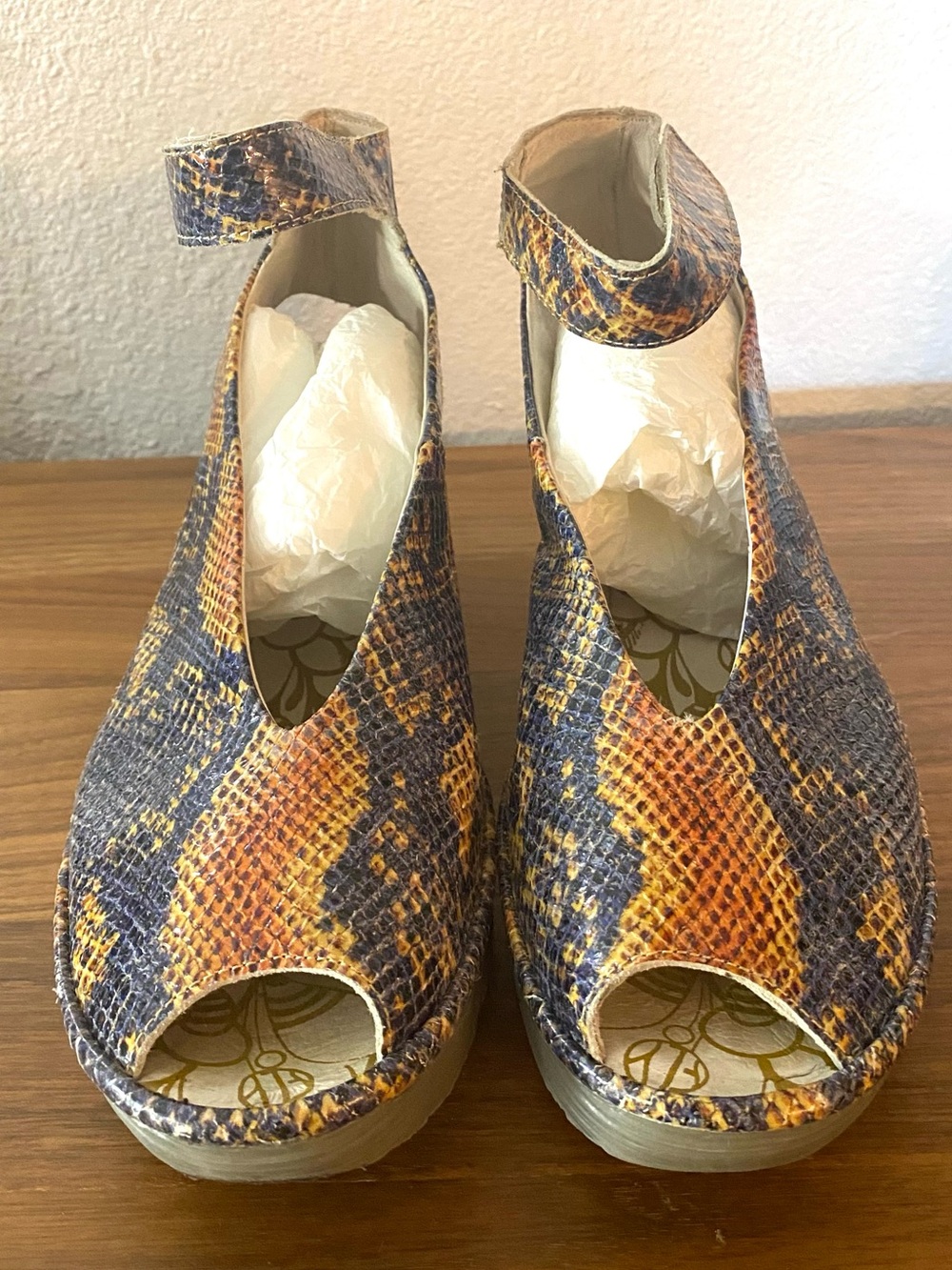 Fly London Yala Snakeskin Leather Wedge Heel Ankle Strap Sandals Charcoal Tan 10 - Picture 3 of 12